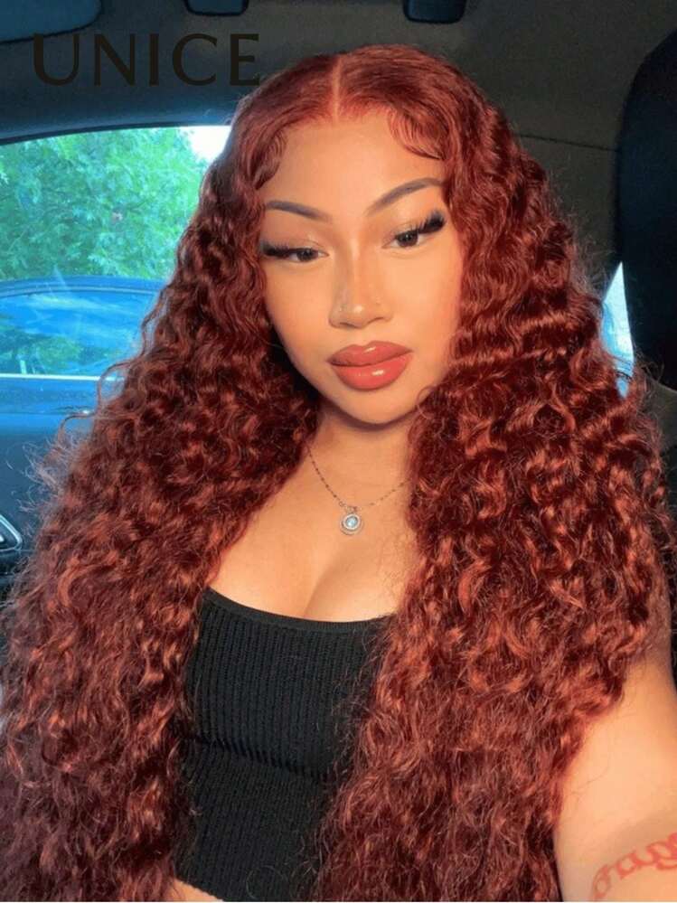 UNice 7X5 Bye Bye Knots Reddish Brown Water Wave Wig With Drawstring Fit For All Sizes Transparent Lace Front Wigs Pre Cut Pre Plucked Bleached Knots Natural Hairline Ready To Go Beginner Friendly For Women 150% Density - S33 - View 3