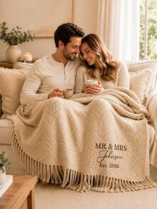 1PC Customizable Embroidered Tassel Knit Throw, Custom Text & Important Date Embroidery Available In 6 Colors,For Relaxing Home Rest & Household Space Layout, Great For Family Members, Meaningful Holiday Celebration Gift Selection - Multicolor - View 8