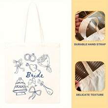 Un bolso de hombro multifuncional con diseño estampado azul de temática nupcial, sencillo, personalizado y elegante, adecuado para viajes, uso diario y como bolsa de compras reutilizable.Es - Blanco roto - Ver 6
