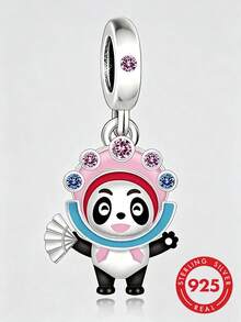 1pc S925 Sterling Silver Opera Panda Bing Dwen Dwen Pendant, Colorful Epoxy Resin & Cubic Zirconia National Treasure Panda Fan DIY Bracelet Bead Silver Charm - Silver - View 1