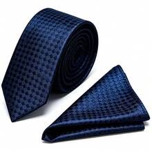 Men's Tie Set, Classic Fashion Necktie & Pocket Square Set, Suitable For Weddings, Business And Banquets - Navy Blue - View 2