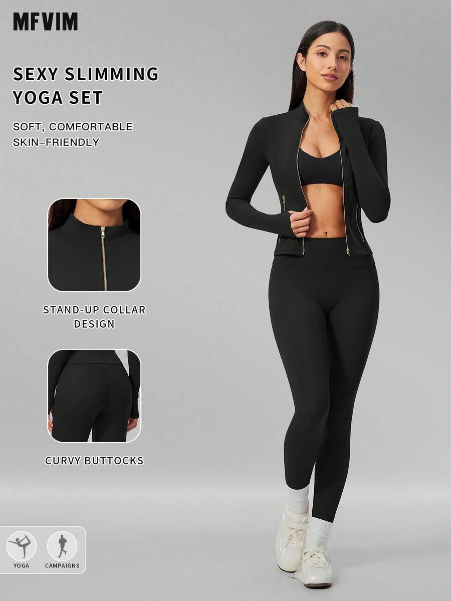 MFVIM Women's Versatile Yoga Bra + Leggings + Jacket 3 Pieces Set, Soft And Skin-Friendly - Premium Black - View 1