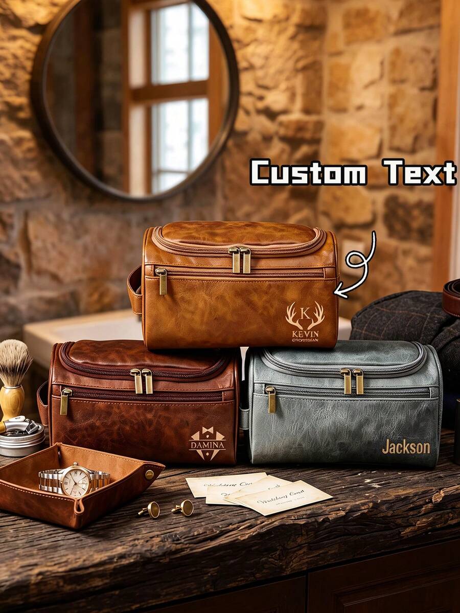 Personalized Toiletry Bag, Groomsman Gift, Dopp Kit, Anniversary Gift For Him, Groomsman Or His Laser Engraved Leather Travel Set, Gift For Him - Multicolor - View 1