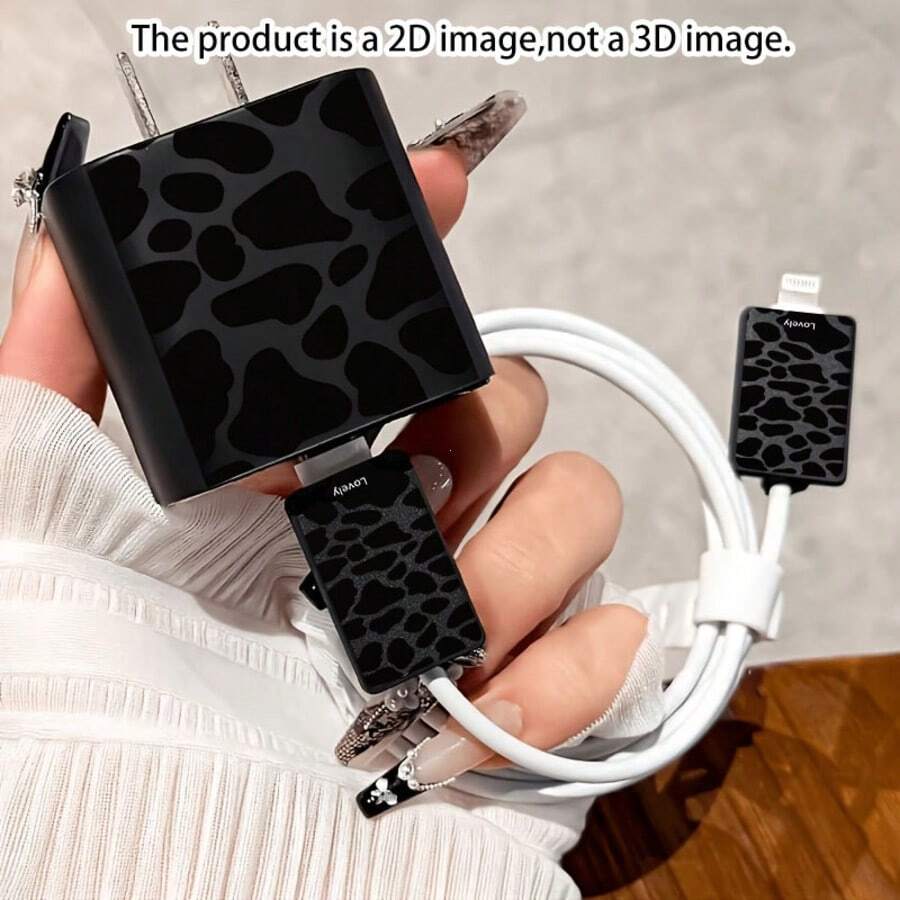 4pcs 2D Flat Design Black Asymmetrical Leopard Pattern Phone Charger Protective Set Black Charger Head Cover + Cable Protector + Storage Rope Compatible With IPhone 20W Charger, Compatible With IPhone 20W/18W Charger - Multicolor - View 1