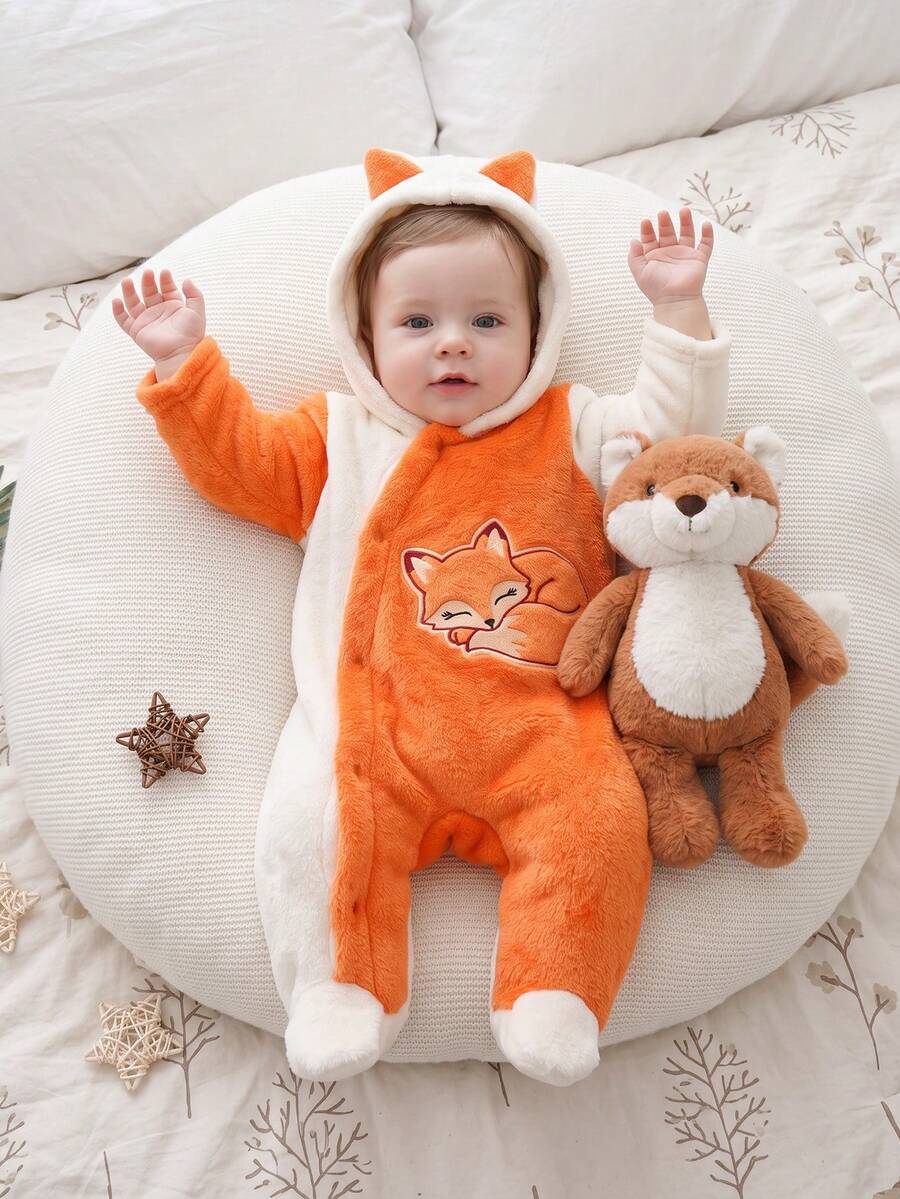 Baby Boys Autumn/Winter Fox Hooded Footed Romper, Flannel Contrast Color Cartoon Embroidery Baby Crawler - Orange - View 1