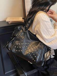 時尚人造皮革大容量手提托特包 通勤單肩斜跨女包，適合外出、購物、旅行 - 黑色 - 查看 5