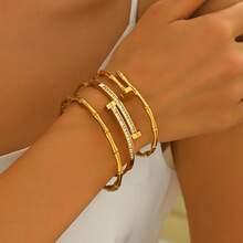 1/3pcs Popular Chinese Style Bamboo Knot Bracelet, Exquisite 3D Bamboo Knot Texture Craftsmanship, Paired With Shiny Double-Row Zirconia Stud Bracelet Two Styles, Warm Gold Tone Flattering To Skin Tone, 304 Stainless Steel For Sensitive Skin, Long-Term Wear Without Rusting Or Peeling. Gentle Style, Cool Style, Commuter Style One-Click Adaptation, Influencer Style Popular Bracelet, High Cost-Performance Perfect For Gifting. - Double Nail Bracelet - View 2