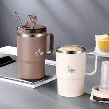 1個 500/550ml 304不鏽鋼咖啡杯，附茶濾網與折疊湯匙，雙層保溫咖啡杯，含手把與蓋子，密封奶茶咖啡水杯，防燙飲水杯，適合學生與成人居家、學校、辦公室使用 - 彩色 - 查看 3