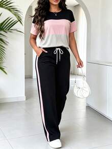Setelan 2 Potong Wanita Musim Semi/Panas Terbaru: Kaos Lengan Pendek Bergaris Leher Bulat dengan Celana Panjang Kasual Berpinggang Elastis dan Tali Serut, Setelan Pakaian Santai Rumahan Kasual dengan Saku dan Blok Warna, Setelan Kasual Olahraga Musim Panas, Nyaman untuk Bepergian - Hitam - View 1