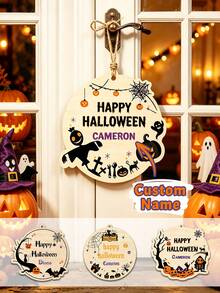 Custom Halloween Wooden Plaque, Spooky Personalized Name Door Hanger, Customized Name Wall Hanging Decor, Customizable Party Sign For Entryway, Porch, Room, Rustic Holiday Gift, Halloween Home Decor, Personalized Halloween Wooden Sign, Family, Friend - Multicolor - View 1