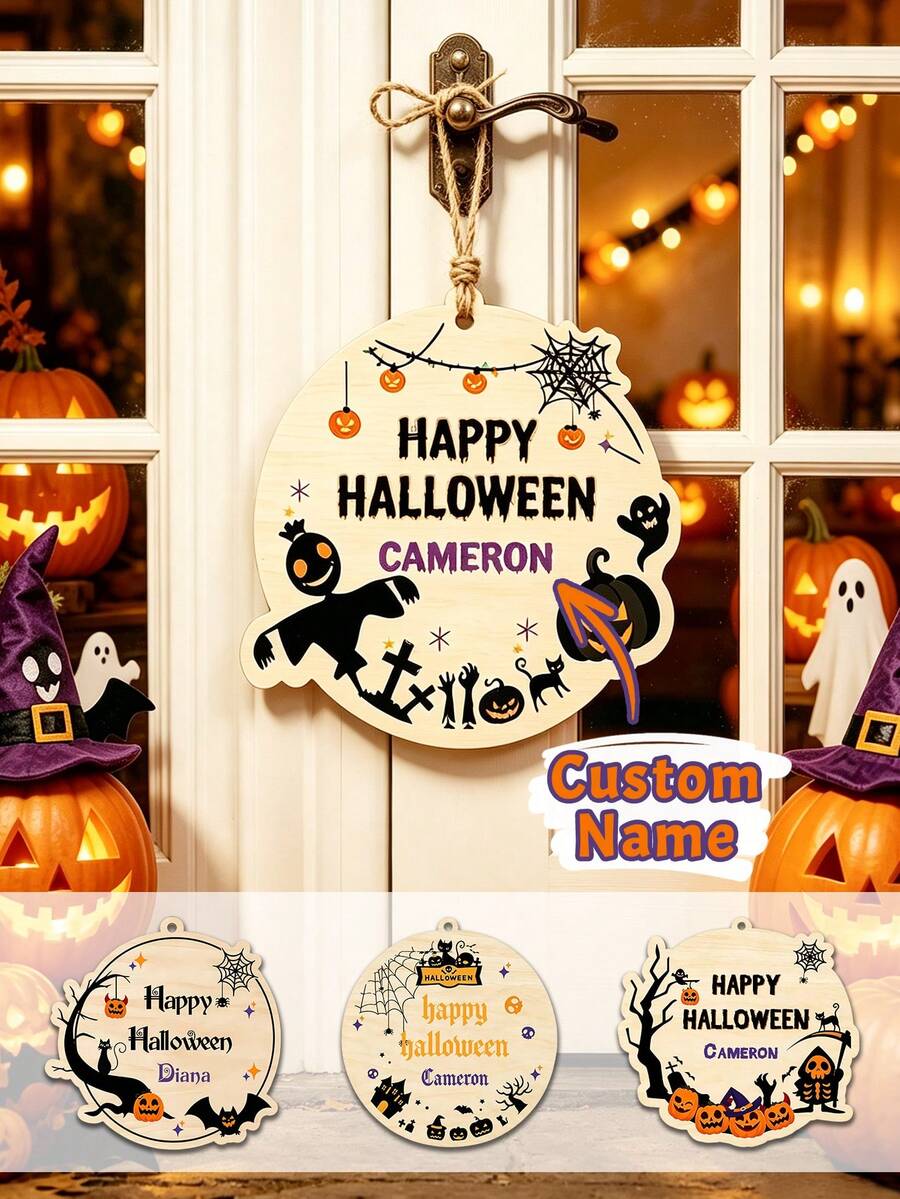 Custom Halloween Wooden Plaque, Spooky Personalized Name Door Hanger, Customized Name Wall Hanging Decor, Customizable Party Sign For Entryway, Porch, Room, Rustic Holiday Gift, Halloween Home Decor, Personalized Halloween Wooden Sign, Family, Friend - Multicolor - View 1