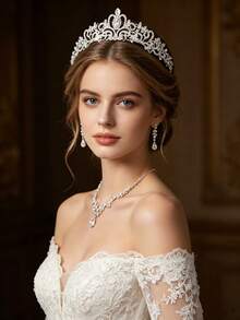 Women's 4-Piece Bridal Wedding Silver Crown Necklace Earrings Exquisite Wedding Accessories Set - Silver - View 3