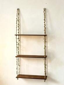 Bohemian Style Wall Hanging Shelf, Wooden Floating Shelf With Leaf And Vine Rope, No-Nail Hook, Suitable For Rental Use, Bedroom And Living Room Decor - View 13