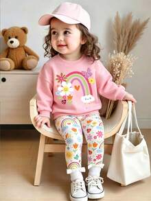 Bộ áo tay dài cổ tròn và quần legging in họa tiết cầu vồng hoạt hình cho bé gái - Hồng - Xem 1