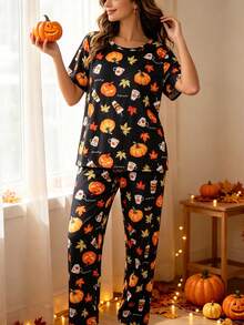 2-Piece Women's Halloween Pajama Set, Pumpkin & Maple Leaf Print, Short Sleeve Crew Neck Top And Long Pants Set, Comfortable Loose Fit For Home Wear, All Season - Black - View 8