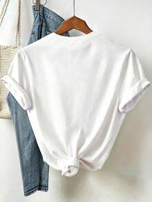 Kaos Wanita Lengan Pendek Kasual Kerah Bulat Ukuran Besar Warna Putih - Putih - View 6
