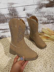 1 Pair Girls' Boots, Autumn/Winter New Style, High-Top Long Boots, Princess Embroidery, Prairie Western Boots - Brown - View 3