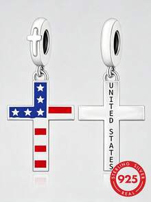1件套925纯银美国国旗十字架吊坠，爱国十字架珠子可搭配手链，低过敏性纯银美式风格首饰，是爱国者和基督教信徒的理想礼物 - 銀色 - 查看 1