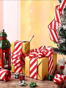 Red And White Diagonal Stripe Ribbon, Christmas Packaging Craft Decorative Ribbon, Wreath Bows, Holiday Party Decoration, Suitable For Gift Wrapping, Holiday Decor - Multicolor - View 6