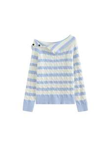 Striped Asymmetric Collar Button Long Sleeve Sweater - Blue - View 3
