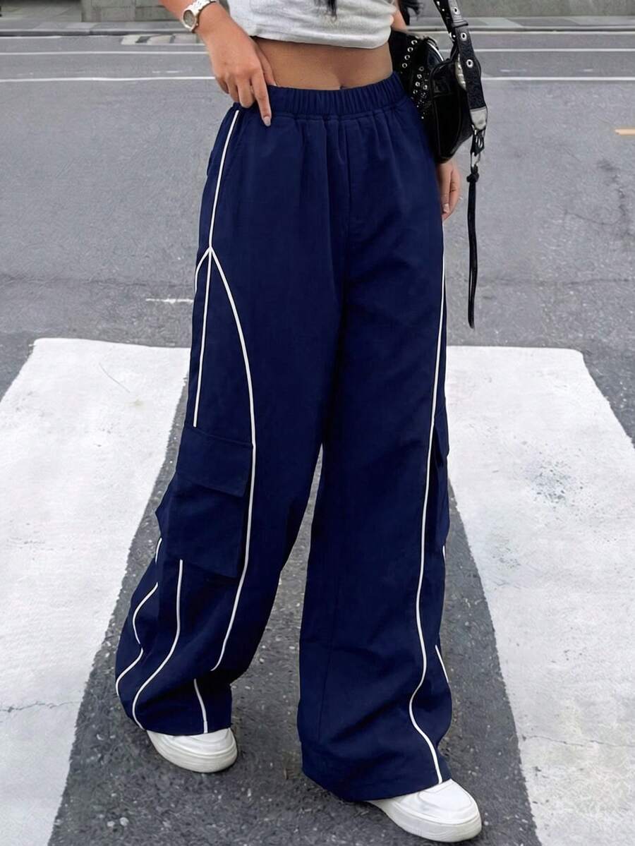 1pc Tween Girls Loose Casual Versatile Solid Color Outdoor Sports Workout Cargo Pants, Spring/Autumn - Blue - View 1