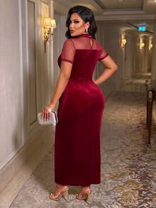 BIUBIU Plus Size Women's Elegant Maxi Dress, Round Neck Short Sleeve High Slit, Fitted Pleated Bodycon Prom Dress, Hoco Formal - Red - View 2