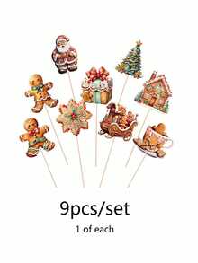 9pcs/Set Hiasan Meja Bentuk Manusia Kue Jahe Natal, Hiasan Tengah Meja Bentuk Kereta Santa, Rumah Kue Jahe, Pohon Natal, Dekorasi Meja Pesta Natal Musim Dingin - A - View 10