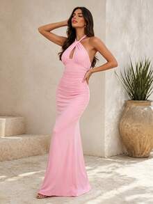 Women's Sexy Elegant Backless Spaghetti Strap Fitted Pink Maxi Dress, Perfect For Formal Occasions And Special Events - Pink - View 5