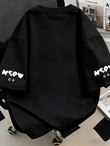 字母貓咪印花圓領圖案T恤，大尺碼女款休閒夏季上衣，時尚袖口印花短袖黑色 - 黑色 - 查看 3