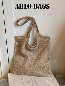 Shiny Sequin Embellished Transparent Mesh Overlay Large Capacity Open-Top Lightweight Soft Versatile INS French Chic Shoulder Bag For Work, Shopping, Dating - Khaki - View 2