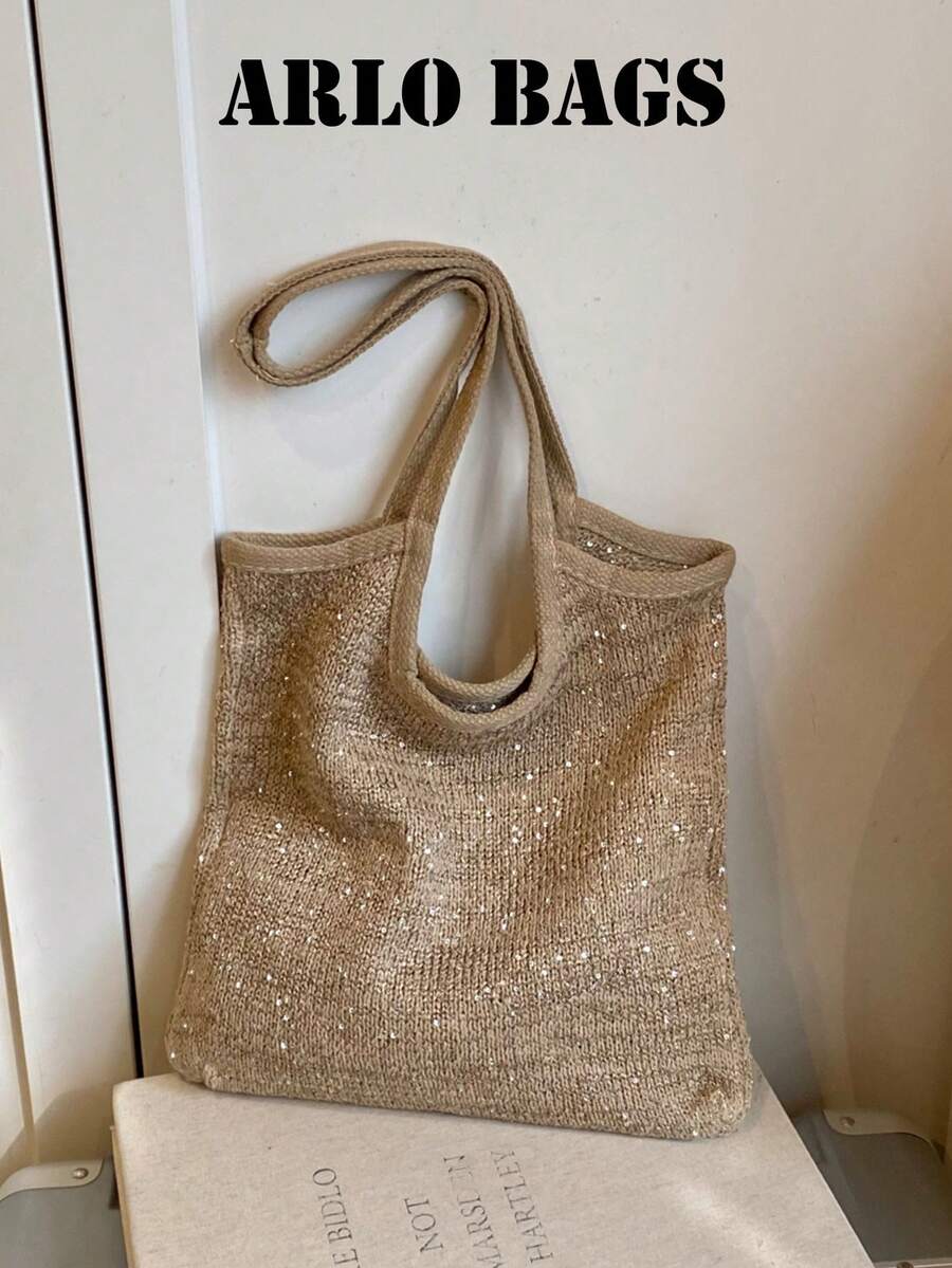 Shiny Sequin Embellished Transparent Mesh Overlay Large Capacity Open-Top Lightweight Soft Versatile INS French Chic Shoulder Bag For Work, Shopping, Dating