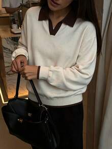 女款圓領針織毛衣，寬鬆落肩長袖羅紋下擺，柔軟面料，秋季休閒大廓形套頭衫 - 杏色 - 查看 3