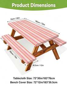 3 Pieces Picnic Tablecloth Set With Bench Cover, Elastic Edge Design, Striped Pattern, Washable Rectangular Tablecloth, Suitable For Wedding, Camping, Picnic, Garden Party And More, Practical Essential - B - View 3