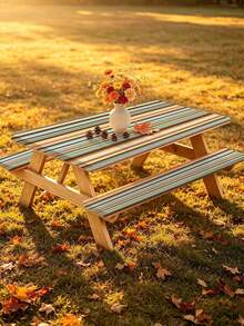 3 Pieces Picnic Tablecloth Set With Bench Cover, Elastic Edge Design, Striped Pattern, Washable Rectangular Tablecloth, Suitable For Weddings, Camping, Picnics, Garden Parties And More, Practical Essential - E - View 10