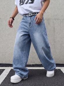 1pc American Vintage Washed Loose Wide Leg Men's Jeans, Non-Stretch Snowflake Wash Process - Blue - View 1