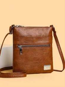 Women's Vertical Multi-Pocket Crossbody Bag, Vintage Small Square Bag, Solid Color Textured Shoulder Bag, Light Luxury French Style Minimalist Crossbody Bag - Brown - View 3