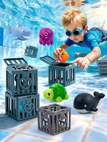 Save Ocean Animals Diving Pool Blind Box Doll Set, Underwater Sinking Cage With Random Soft Rubber Ocean Animal Figures, Fun Underwater Catching Game Bath Pool Interactive Water Play Blind Box Doll, Suitable For Children - Multicolor - View 3