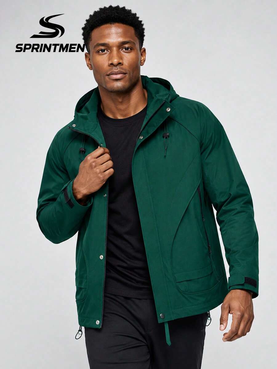 1pc Phantom Green Drawstring Hooded Men's Jacket, Utility Men's Outerwear With Side Zipper Pockets And Inner Pocket, Long Sleeve Jacket, Sporty Style, Machine Washable, Suitable For Daily Commute, Outdoor Travel, Sports And Hiking - Green - View 1