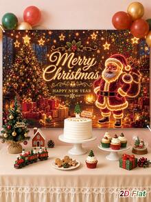 1件裝聖誕背景布，附發光聖誕老人、禮物、聖誕樹圖案及「Merry Christmas & Happy New Year」文字，聖誕掛飾背景布，聚酯纖維拍照亭背景，節日派對背景橫幅，聖誕裝飾，聖誕節裝飾，聖誕裝飾，節日派對裝飾，冬季居家裝飾，室內/室外背景裝飾 - 彩色 - 查看 9