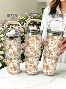1pc/5pcs 30oz Stainless Steel Cup With Handle And Straw, Cute Christmas Gingerbread Man Candy Cane Snowflake Print, Leak-Proof Flip Lid, Suitable For Travel, Work, Fitness And Daily Outdoor Use - Beige-gingerbread Man - View 6