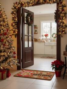 1pc Gingerbread Man Welcome Doormat, Holiday Non-Slip Indoor/Outdoor Entrance Carpet With Christmas Hat & Snowflake Pattern, Soft Floor Mat For New Year Party Decoration, Home Decor, Best Choice For Christmas - A - View 1