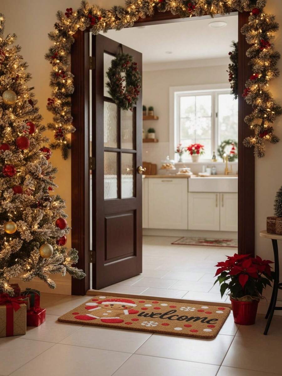 1pc Gingerbread Man Welcome Doormat, Holiday Non-Slip Indoor/Outdoor Entrance Carpet With Christmas Hat & Snowflake Pattern, Soft Floor Mat For New Year Party Decoration, Home Decor, Best Choice For Christmas - A - View 1