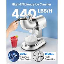Ice Crusher Machine, 440lbs Per Hour Electric 4 Blades Snow Cone Maker, All Stainless Steel Shaved Ice Machine With Bowl And Cover, 350W 1400RPM Ice-Shaver For Home And Commercial Use, Silver - 350W 1400RPM - View 2