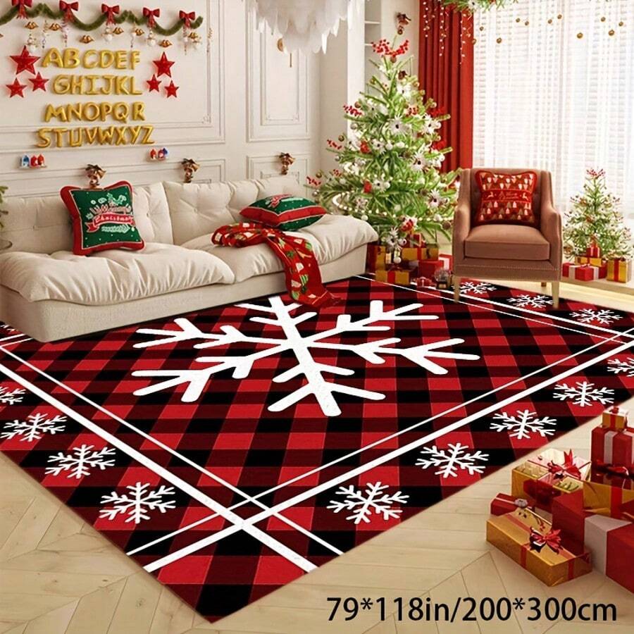 1pc Red Snowflake Black & Red Plaid Christmas Theme Pattern Rug, Soft & Comfortable Bedroom Carpet, Washable Rug, Suitable For Front Door, Entrance, Hallway, Kitchen, Bedroom, Dorm, Dining Room, Skin-Friendly Carpet, Living Room Rug, Sofa Seat Rug, Area Rug, Creative Versatile Home Decor Carpet, Large Living Room Carpet, Bedroom Carpet, Walk-In Closet Carpet, Room Decor, Gift For Family & Friends - Multicolor - View 1