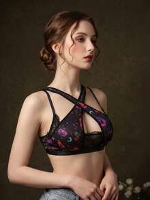1pc Halloween Pumpkin Print Women's Lace Patchwork Wireless Bra - Black - View 3