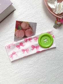 1pc Y2K Colorful Large Button Fabric Headband, Pink Plaid Bow Heart Print Wide Elastic Headscarf, Versatile Niche Hair Accessory For Girls - Multicolor - View 12