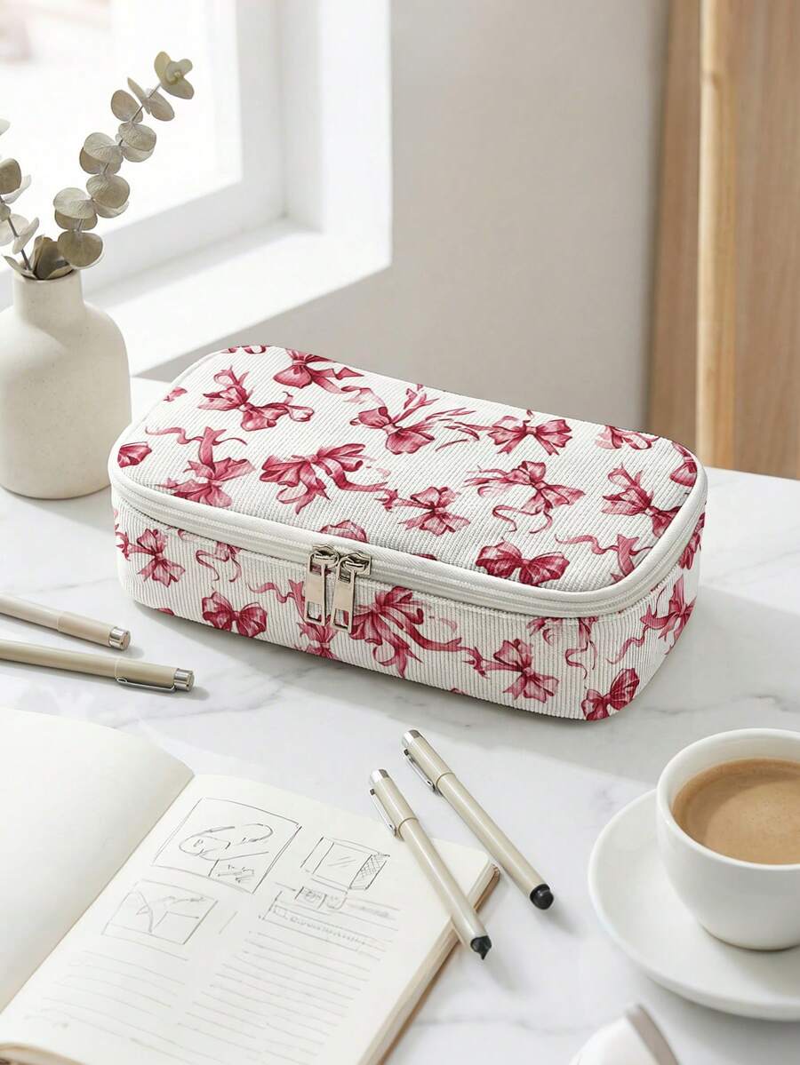 1pc, Bow Pattern Print Large Capacity Teenager Pencil Case, Compartment Pencil Bag, School Large Capacity Storage Bag, Storage Box, Suitable For Girls And Boys Students, Back To School Gift, Holiday Gift - Multicolor - View 1