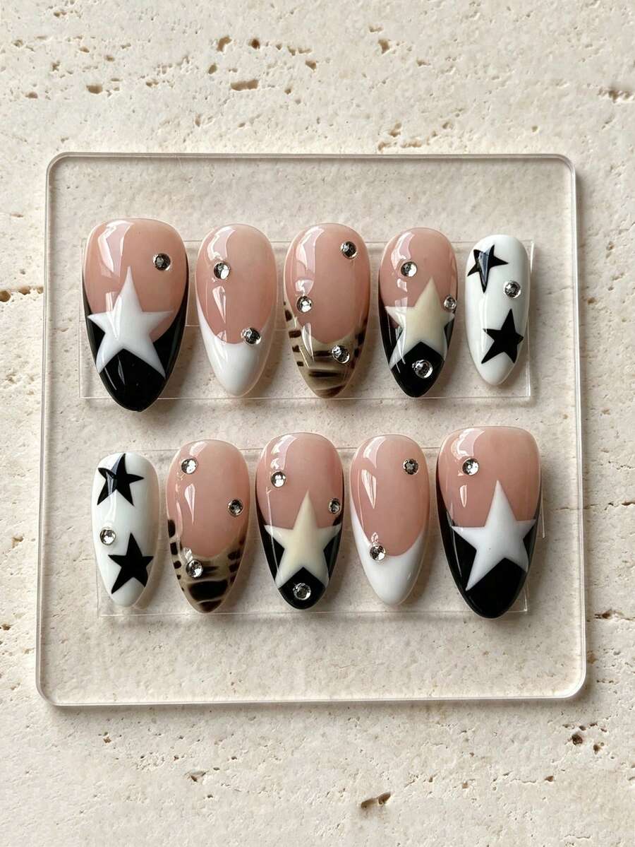 10pcs Autumn/Winter Y2K Star Rhinestone Press-On Nails, Almond Shape Reusable Handmade Fake Nails, Black White Star Leopard Print Nude Base With White French Tip Crystal Rhinestone Design, Ins Cool Girl Manicure, Suitable For Daily, Party, Date, Holiday - Black and White - View 1