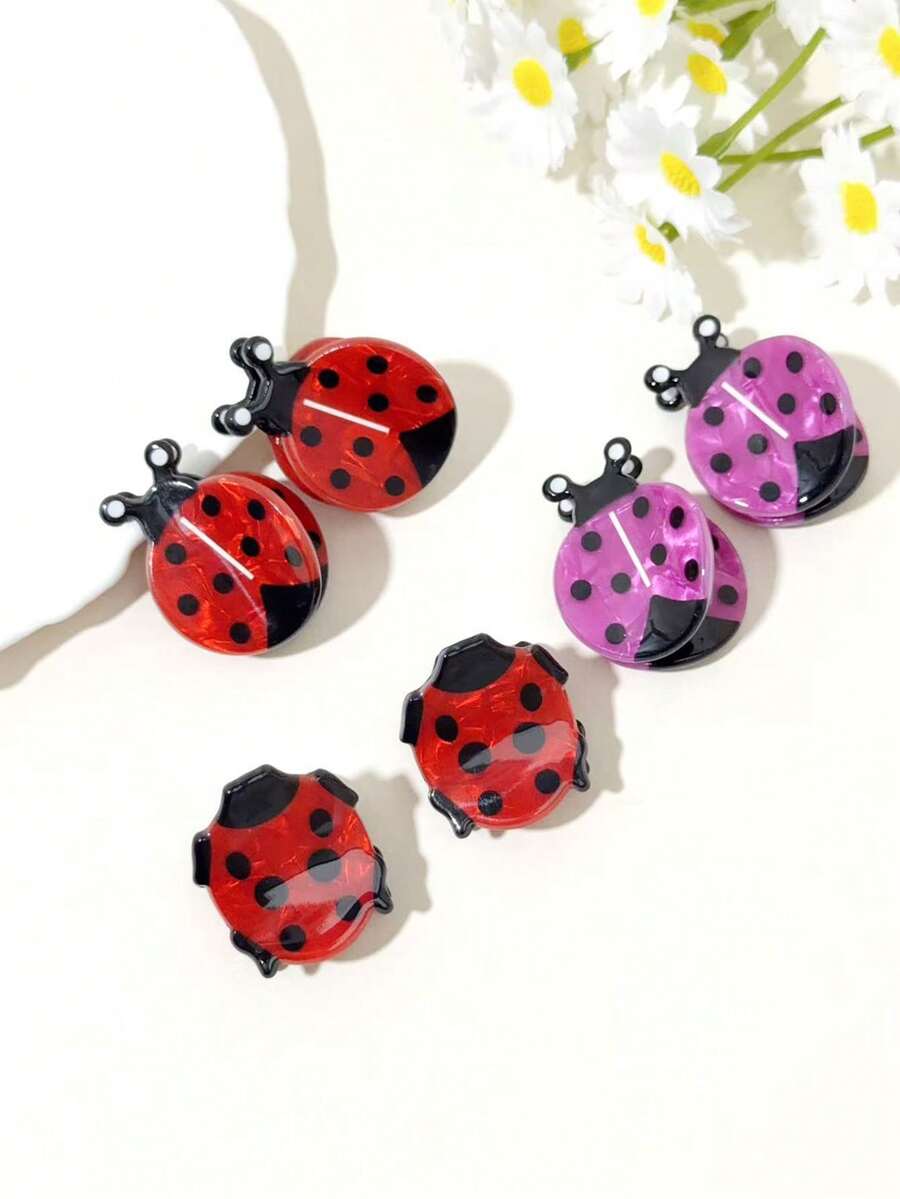 6pcs Cute Ladybug Glossy Mini Hair Clips, Sweet Side Bang Clips, Women's Loose Hair Fixing Hair Claws - Multicolor - View 1