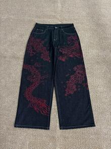 Men's Black Jeans, Front & Back Dragon Embroidery, Retro HK Street Style, All Season Versatile Wide Leg Pants (Belt & Accessories Not Included) - Black - View 11